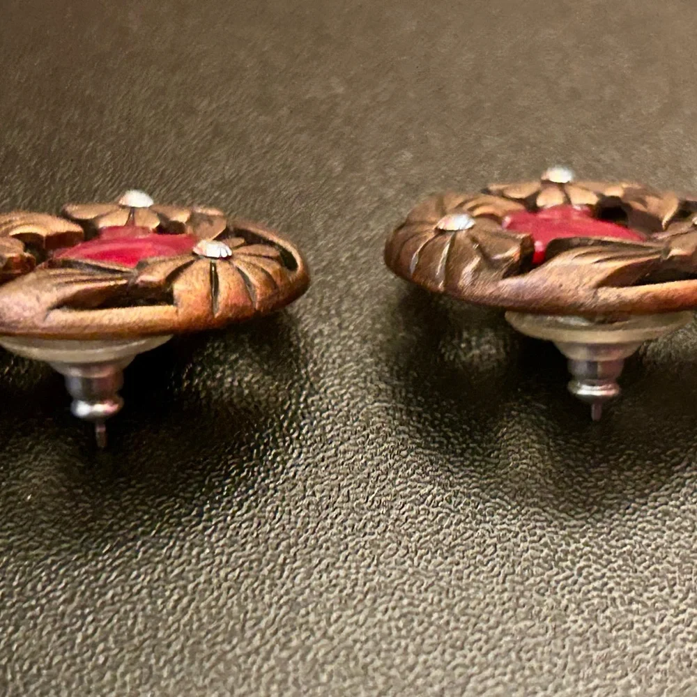 Floral Rhinestone Earrings Vintage Inspired Red Cabochon Round Copper Stud